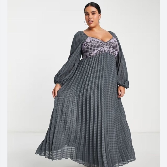 ASOS DESIGN embroidered bust pleated midi dress long sleeve in dark grey 26 - Picture 1 of 14